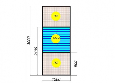 Перегородка стеклянная межкомнатная: комбинированный модуль с 2 импостами (гипсокартон или ЛДСП + двойной витраж+жалюзи)