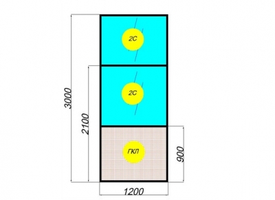 Перегородка стеклянная межкомнатная: комбинированный модуль с импостом (гипсокартон или ЛДСП + двойной витраж)
